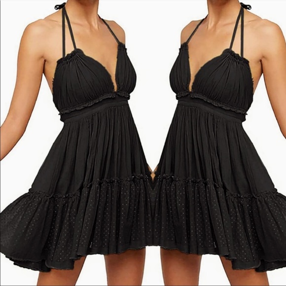 Dresses & Skirts - Boho Gypsy Mini Dress Black Sheer Dot Halter Tier